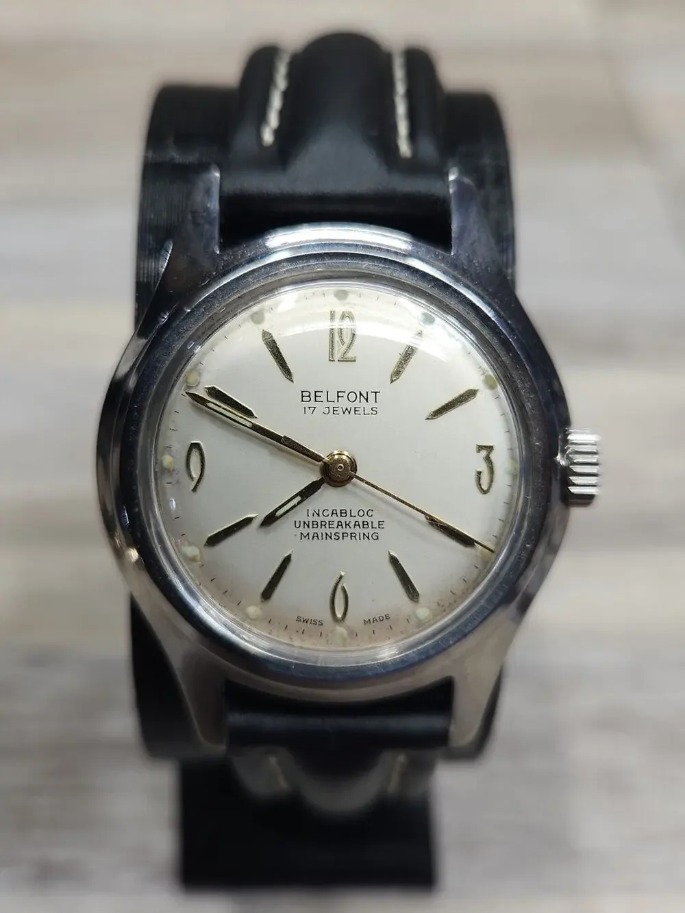 Vintage Belfont 17 Jewels Manual Wind Incabloc watch. New Leather Band. 1950's